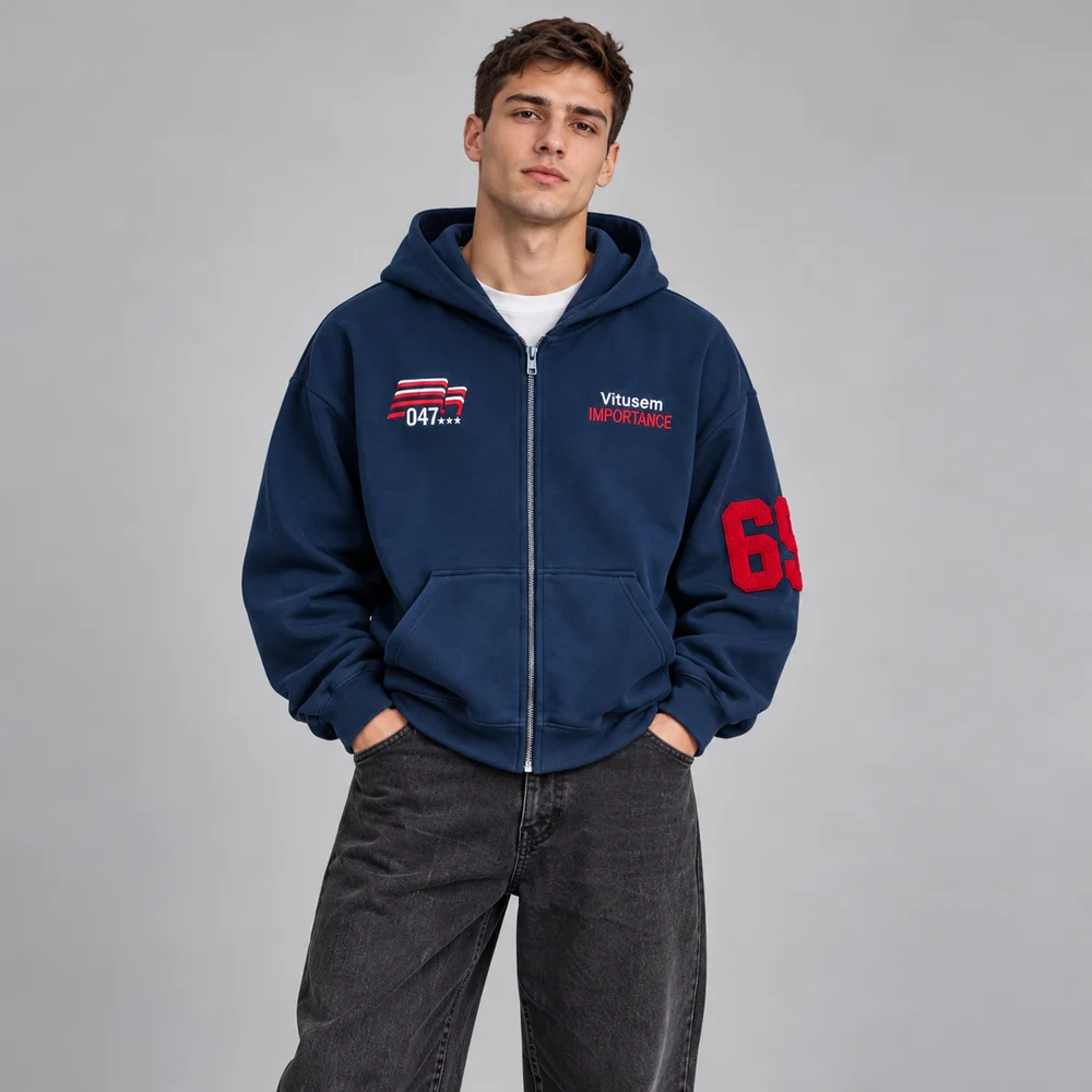 Unisex Zip-Up Hoodie with Varsity 69 Graphics, Relaxed Streetwear Jacket with Kangaroo Pockets