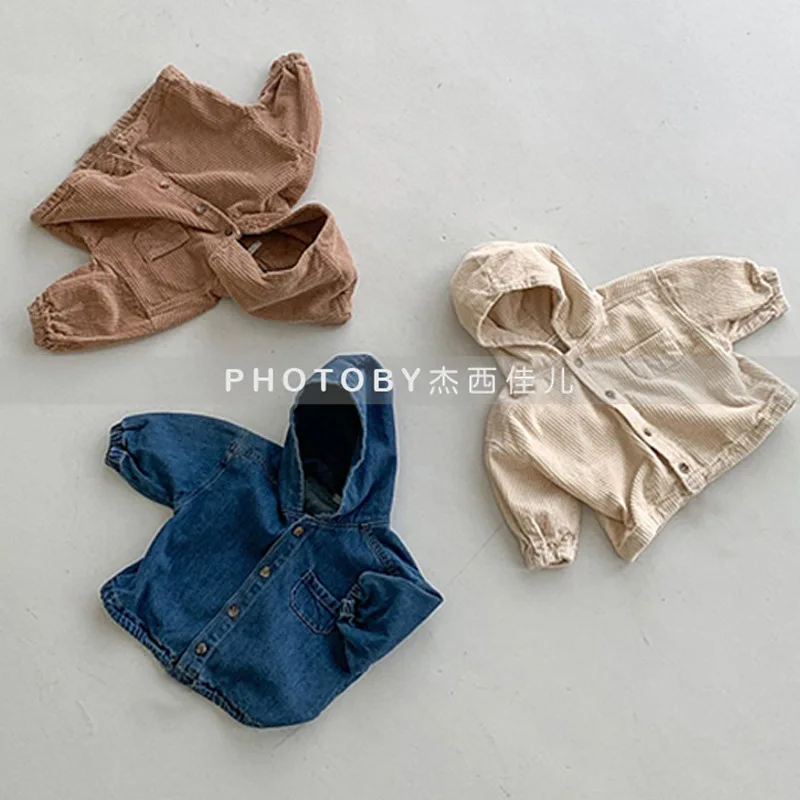 Children's Spring and Autumn New Cardigan Simple Japanese and Korean Fashion Hooded Closed Denim Corduroy Casual Jacket