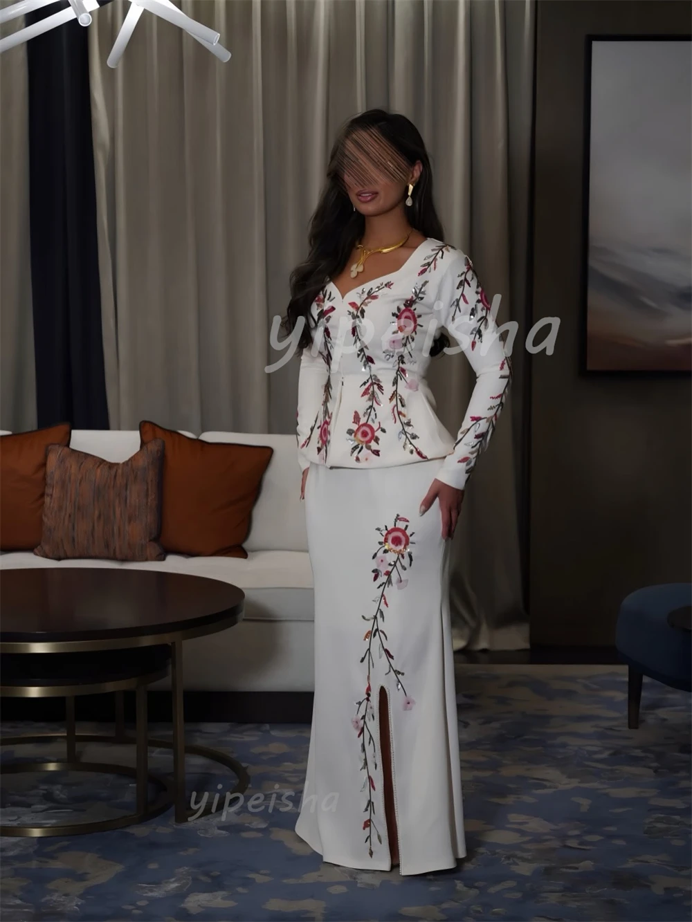 Customized Formal Women Jersey Sequined Handmade Flower Straight Evening Dresses Classic V-neck Long Sleeves Slit Prom Dresses