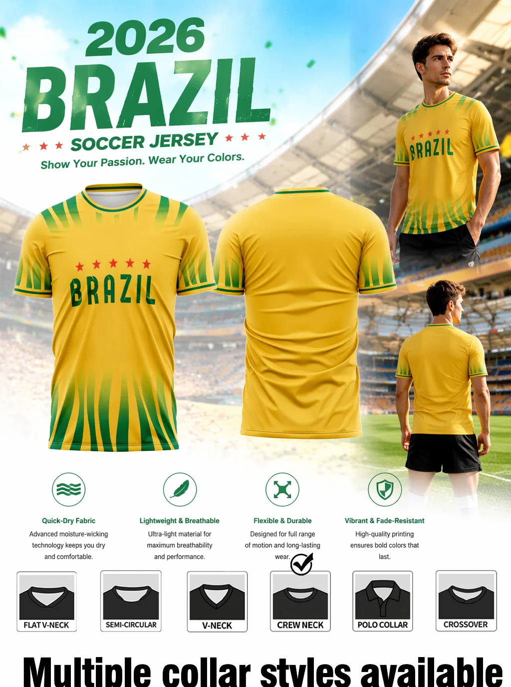 Brazil soccer jersey,yellow base with green gradient radial stripes,BRAZIL five‑star print,quick‑dry,multiple collar styles