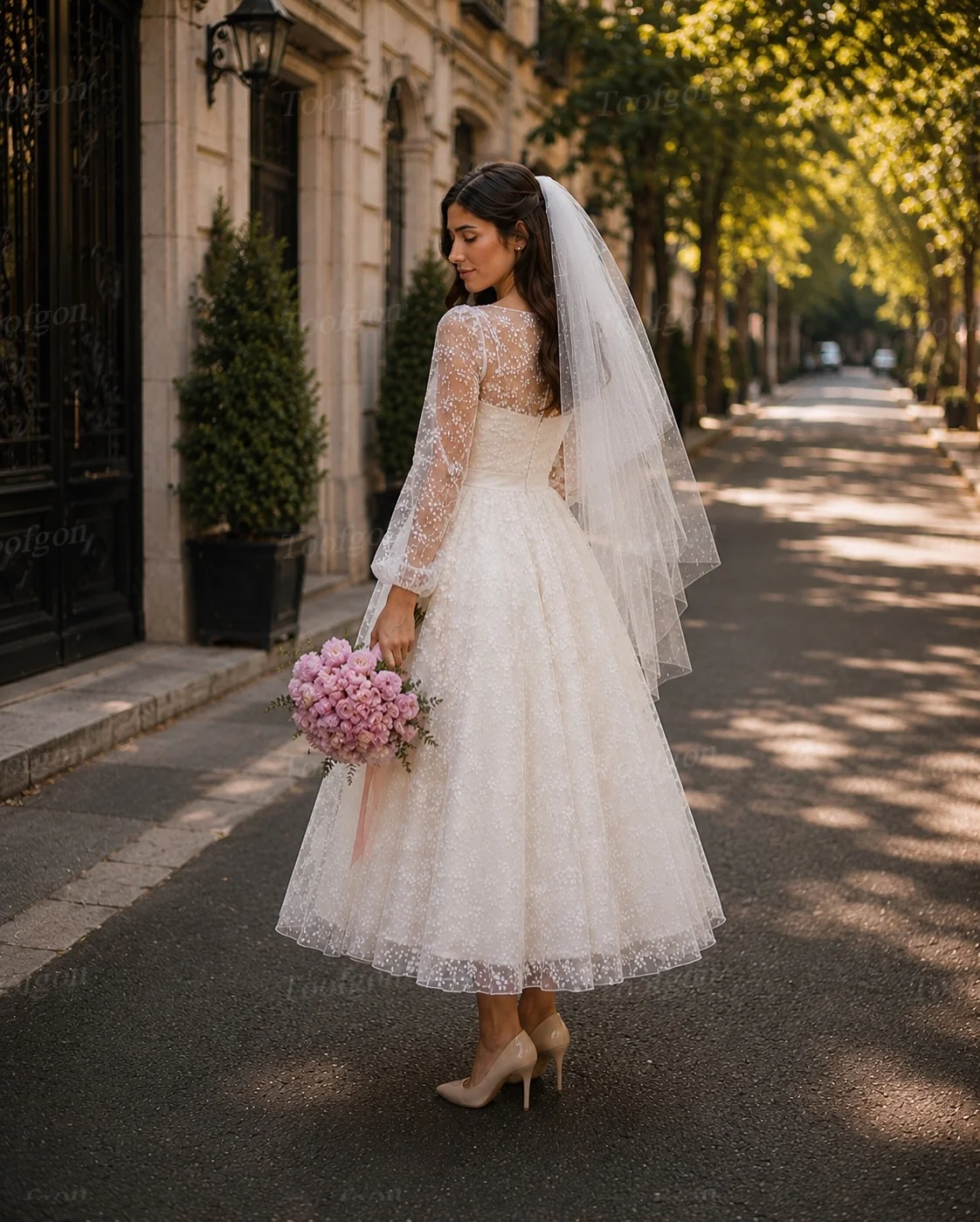Toofgon A Line Lace Midi Customized Wedding Gowns Full Sleeve Bride Dress Bridal Photography Dresses Formal Occasion Party Wear