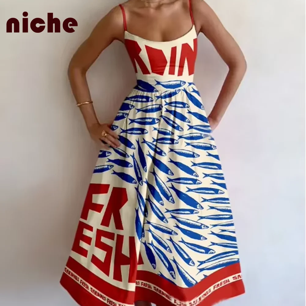 

2024 Ladies Sleeveless Dress Chic Contrasting Color Fish Letter Graphic Printing High Quality Bamboo Hemp Fabric Soft New Skirt