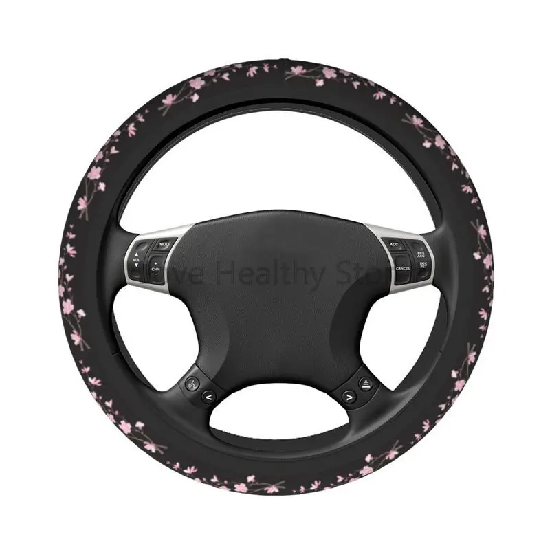 Japanese Sakura Cherry Blossoms Print Steering Wheel Cover Anti Slip Neoprene Steering Wheel Protector Universal 15 Inches