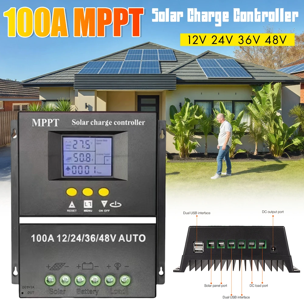 

Контроллер заряда MPPT 100A для солнечных панелей, двойной USB, ЖК-дисплей, 12В/24В/36В/48В, для свинцово-кислотных и литиевых аккумуляторов, новинка 2026 года
