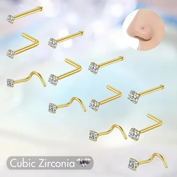 5Pcs CZ Crystal Stainless Steel Nose Studs Piercing Rings Jewelry Bone Shape Nostril Piercings Round Gem for Women 20guage 0.8mm