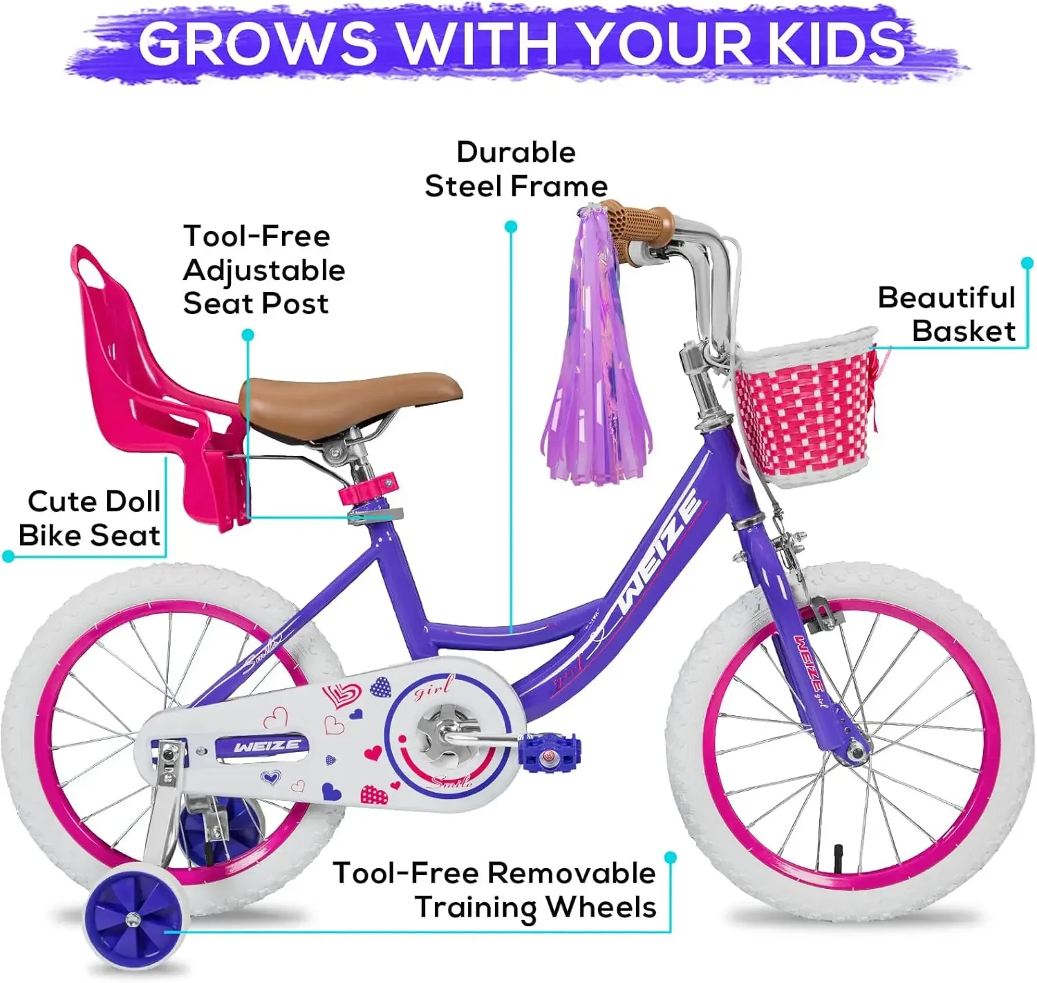 Girls Bike for 3-12 Years Old Kids, 14 16 20 Inch Kids Bike with Training Wheels, Streamers, Basket and Doll Seat, Children Bicy