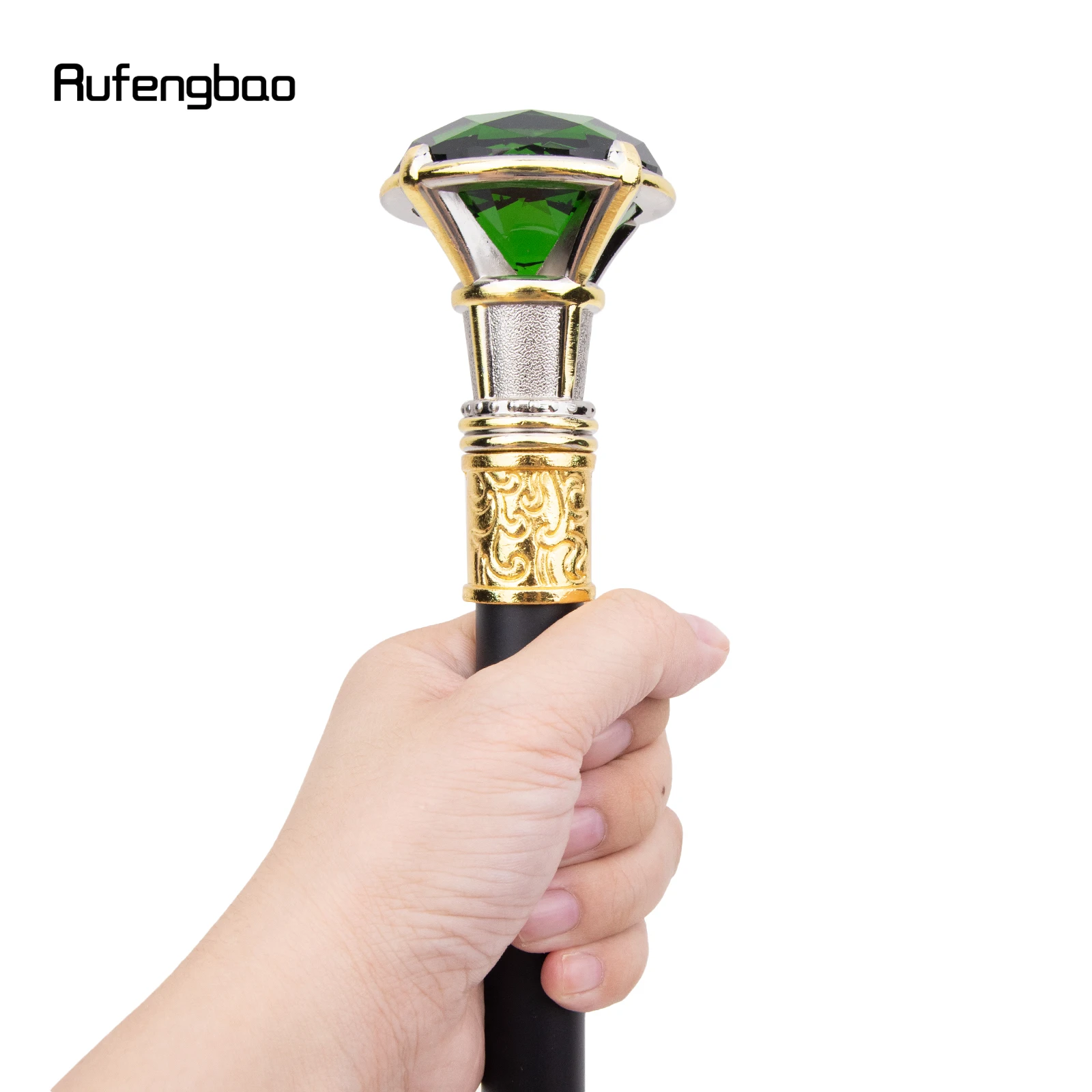 Green Diamond Single Joint Golden White Walking Stick Hidden Plate Self Defense Fashion Cane Plate Cosplay Crosier Stick 90cm