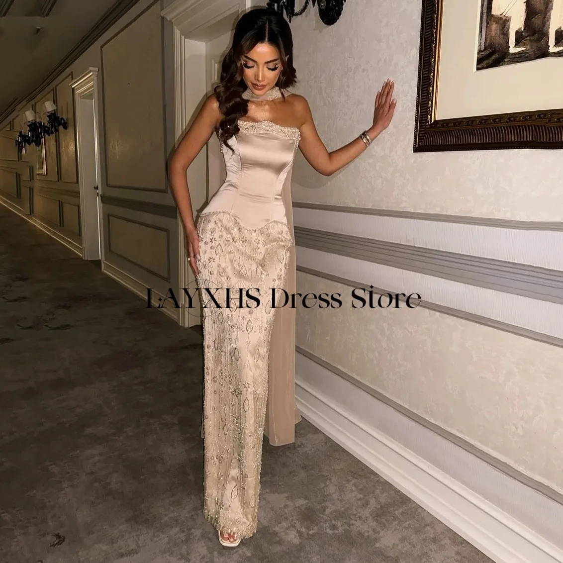 LAYXHS Luxo Strapless Vestidos de Noite Sereia Renda Frisada Mulheres Vestidos de Baile Personalizados فساتmaveraات