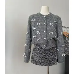 Spring Autumn Womens Sweet Bow Knit Cardigan Sweater Coat