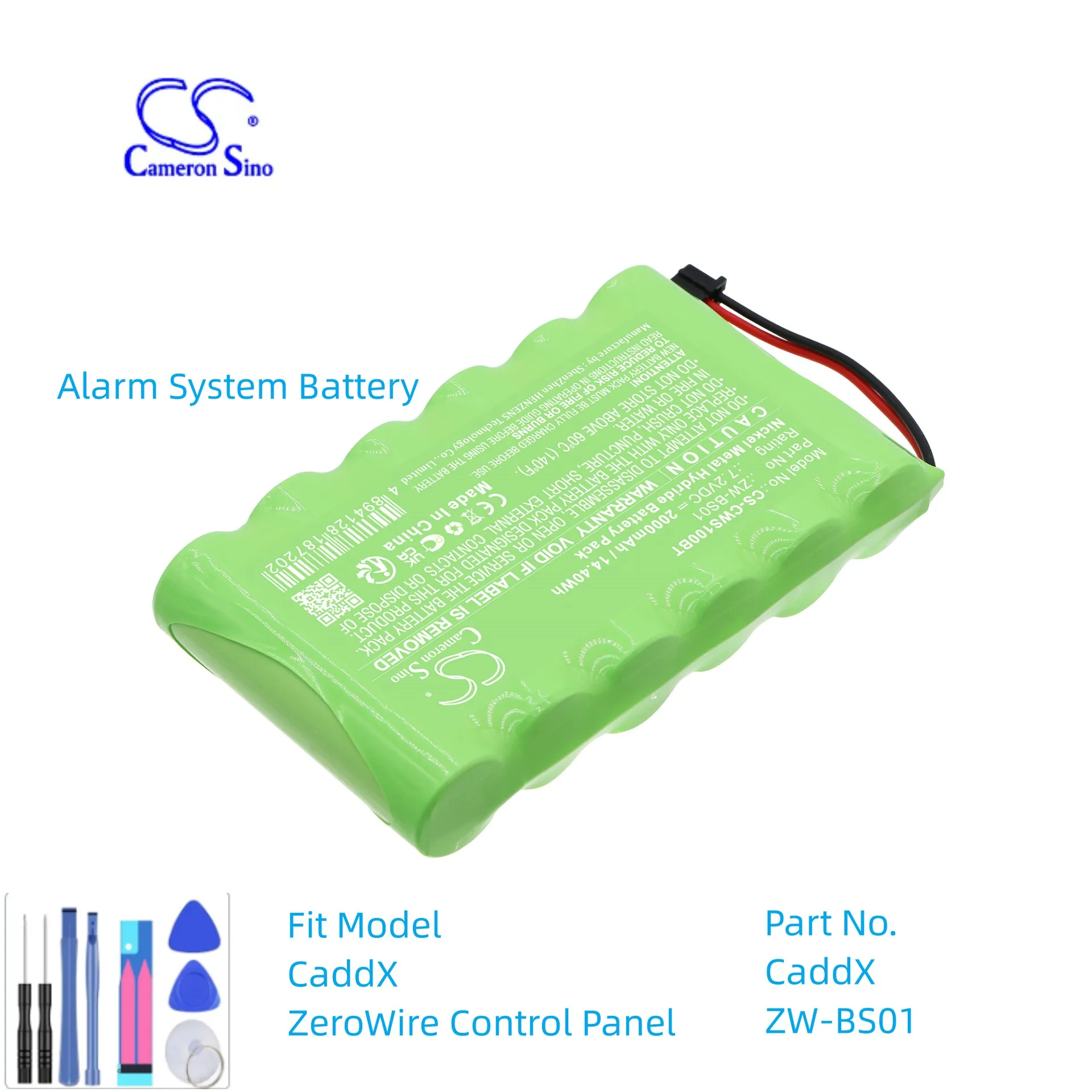 Alarm System Battery For CaddX ZeroWire Control Panel ZW-BS01 Capacity 2000mAh / 14.40Wh Color Green Type Ni-MH Volts  7.20V