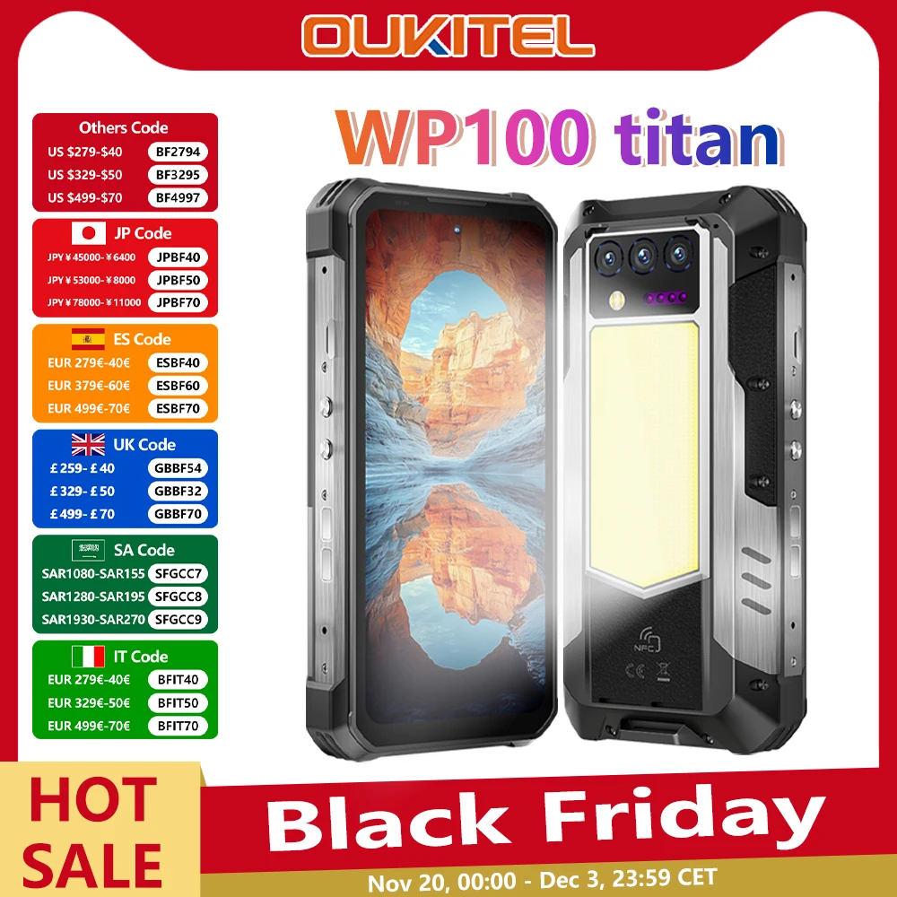 Oukitel WP100 Titan Rugged Phone 33000mAh 66W Charger 200MP Camera Built-in Projector Camping Light CellPhone