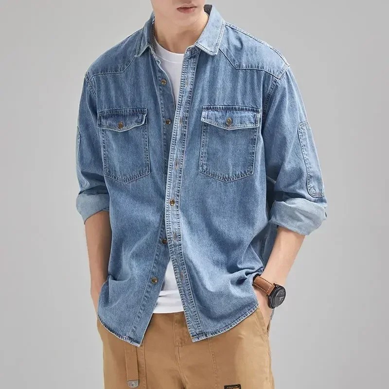 Denim Jackets Man Autumn Shirt Jeans Coat for Men Solid Color Blue Low Cost Y2k Trendy Cowboy Clothing One Piece Fashion Casual