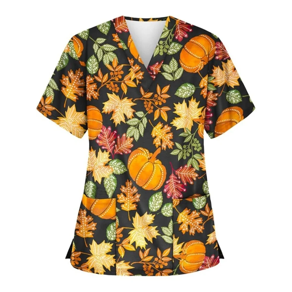 ใหม่ผู้หญิงฮาโลวีนพิมพ์ชุดพยาบาลแขนสั้นชุดสครับคอวีเสื้อกระเป๋าผู้ดูแลทำงานสวมใส่เครื่องแบบทางการแพทย์