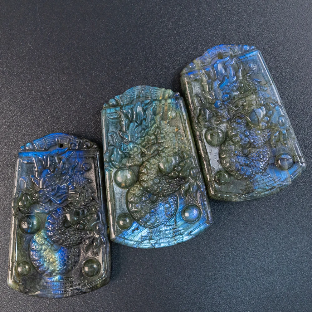 

1Pcs Hand Carved Natural Labradorite Western Dragon Pendant 51X32X8MM Gemstone Focal Bead for Jewelry Gift Making Accessories