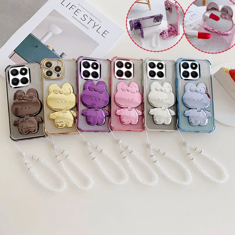 Luxury Shockproof Phone Case with Cute Rabbit Makeup Swivel Stand Crystal Lanyard For Honor X7d X7c X7b X7a X7 Back Cover