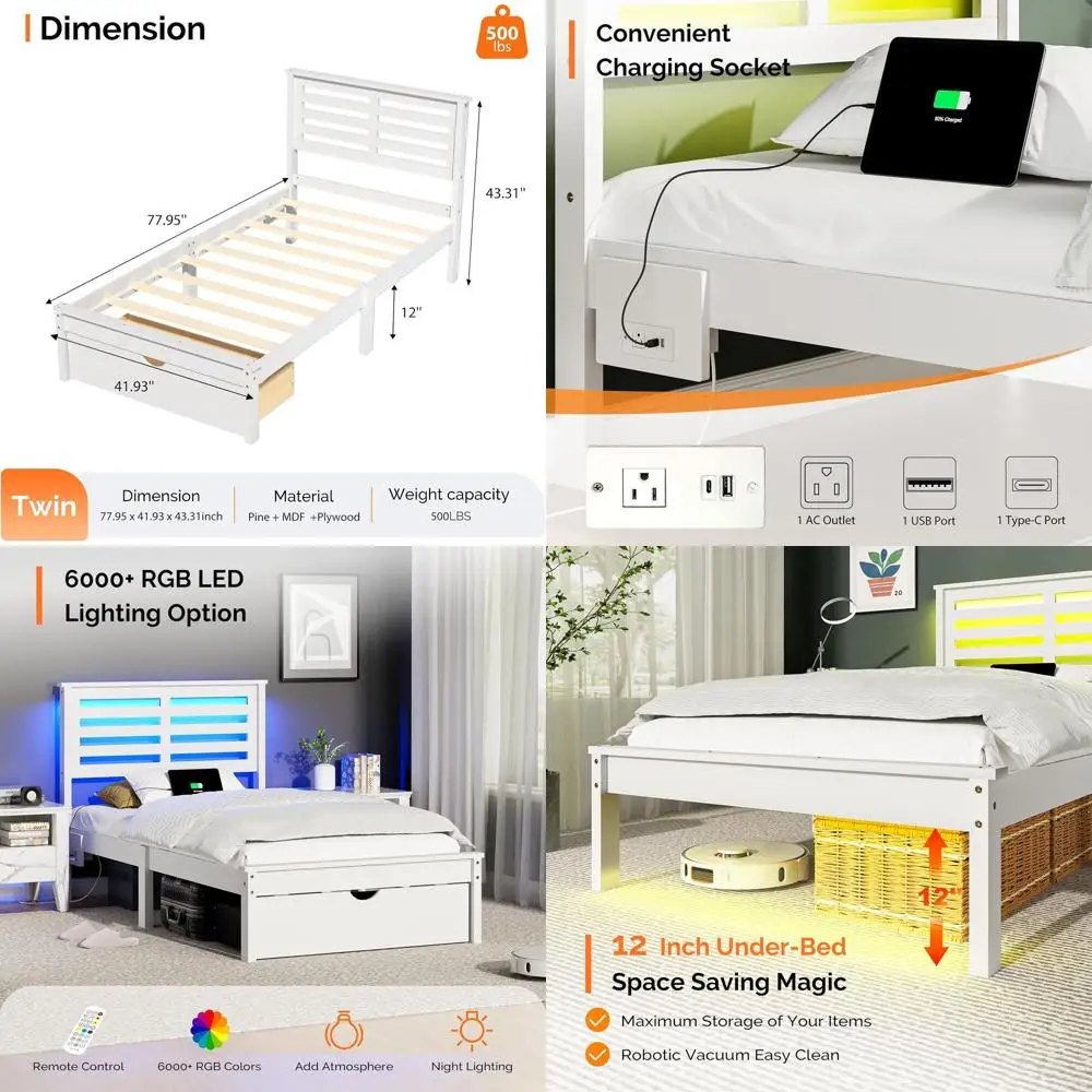 

White Twin Size Solid Wood Bed with Charging Station, LED Platform, Footboard Storage, Easy Assembly, No Box Spring Needed