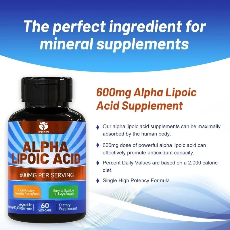 Alpha Lipoic Acid Supplement, Alpha Lipoic Acid 600mg Per Serving, Non-GMO ALA Supplement, 60 Vegetable Capsules