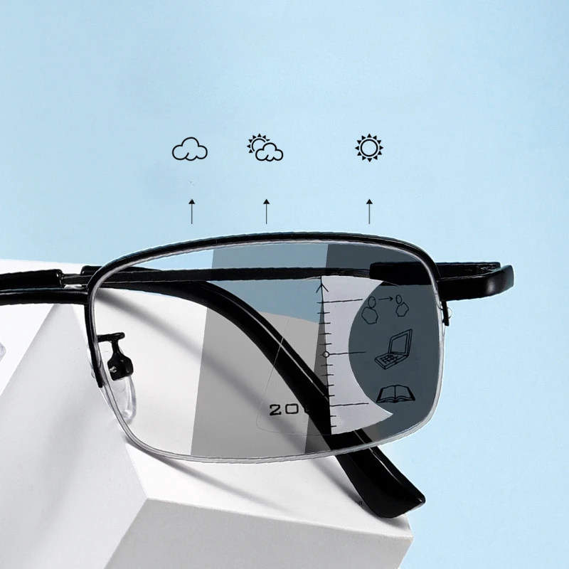 Retro Alloy Color Changing Presbyopia Glasses Men Business Automatic Zoom Anti Blue Light for Far Near Use Reading Glasses 2024
