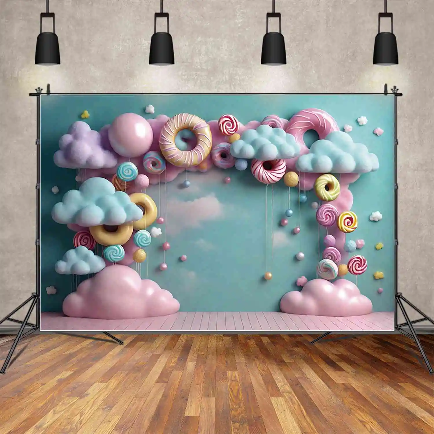 MOON.QG Cloud Doughnut Candyland One Birthday Backgrounds Girls Blue Sky Cloud Lollipop Backdrops Custom Party Photography Props