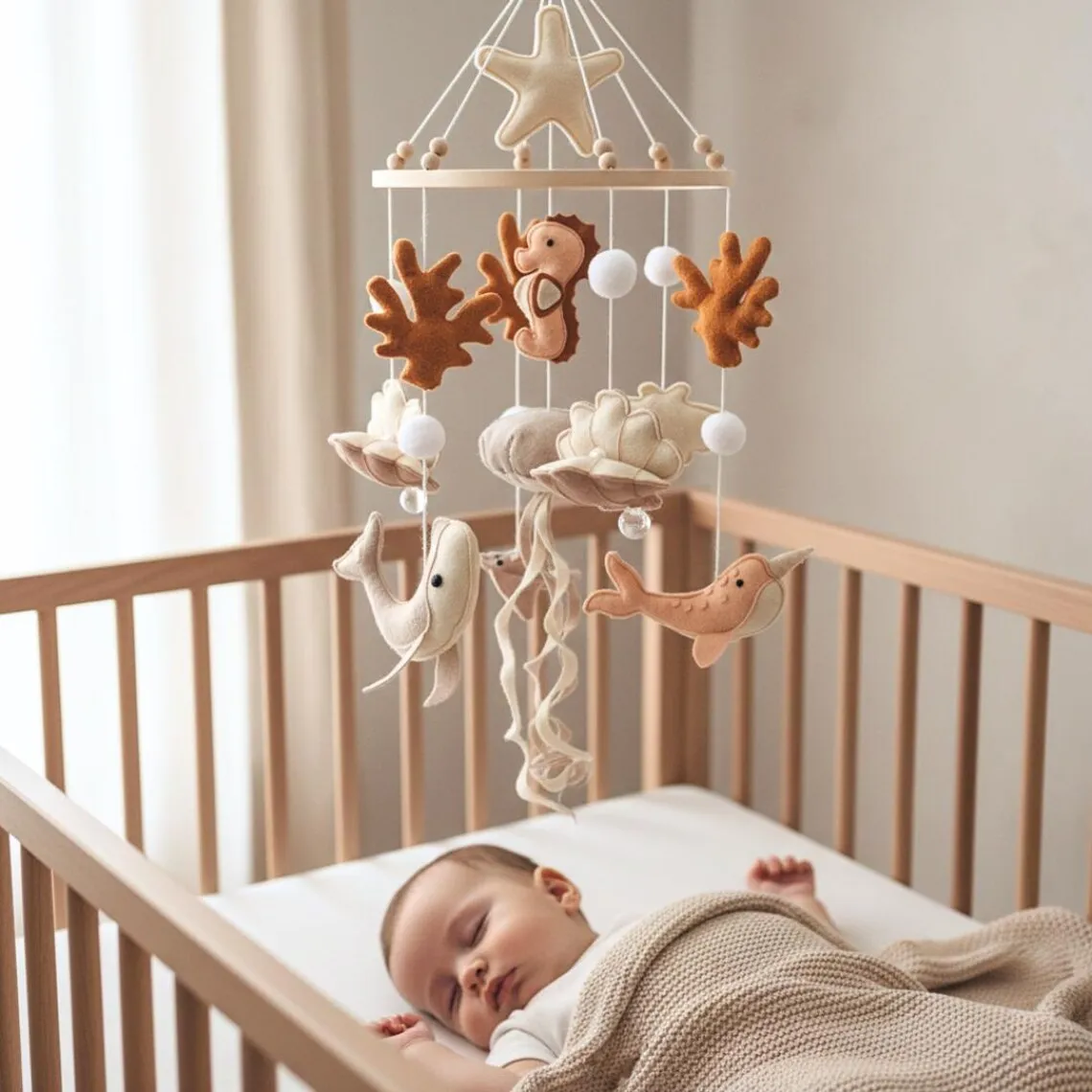 Ocean Animal Baby Crib Mobile Seahorse Whale Jellyfish Neutral Nursery Hanging Decoration Ornament Infant Sleep Soother Decor