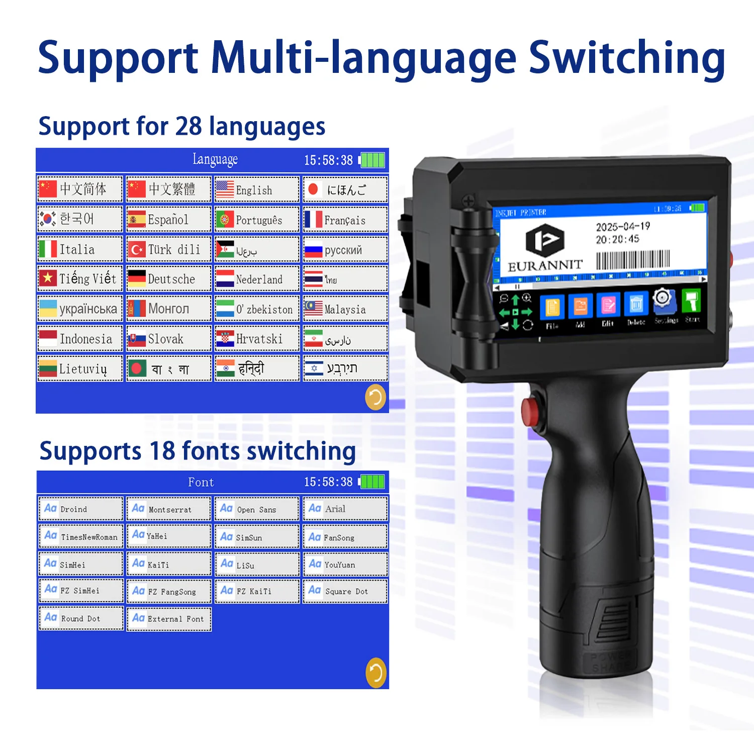 EURANNIT E15 12.7/25.4mm Label Printer Handheld Inkjet Printer QR Bar Batch Code Date Number Logo Expiry Date Coding Machine