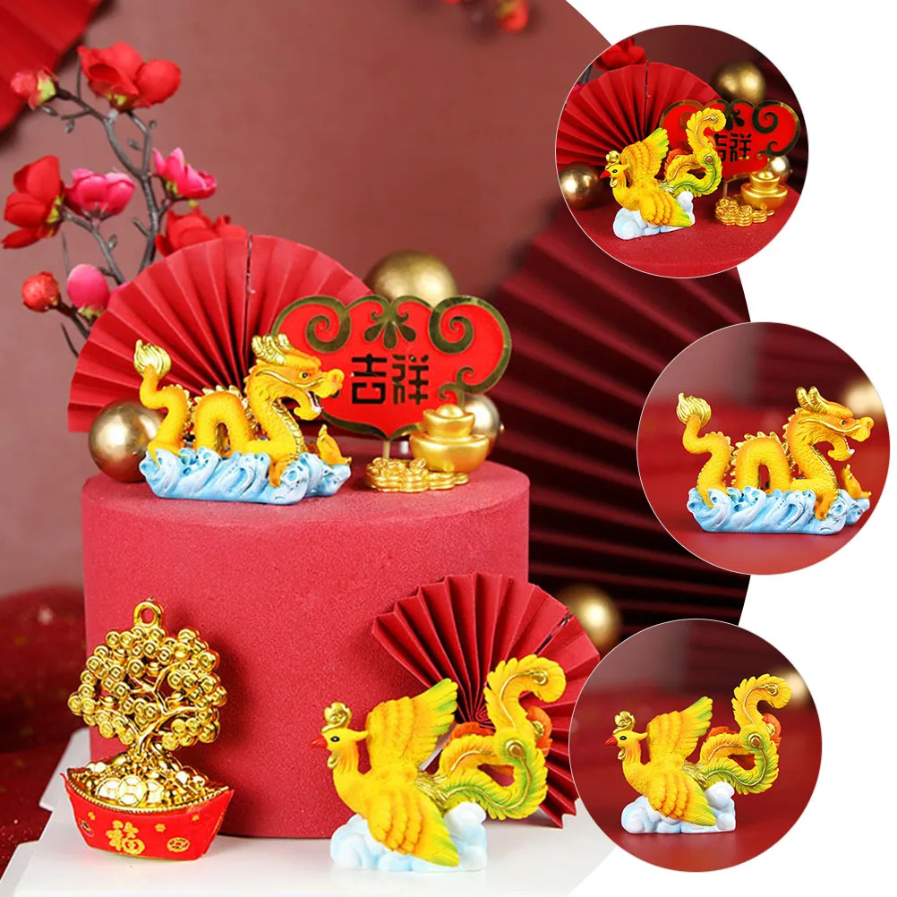 

2Pcs Mini Dragon Phoenix Resin Animal Cake Decoration Cute Cartoon Ornament Dessert Cupcake Party Decor Mini Dragon Statue