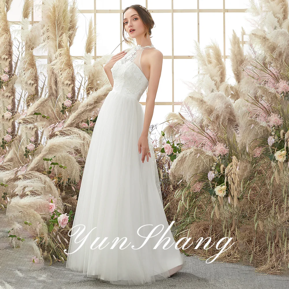 Yunshang Customized Tulle A-Line Wedding Dresses 2026 Simple Halter Lace Sleeveless Straight Floor Length Backless Bridal Gowns