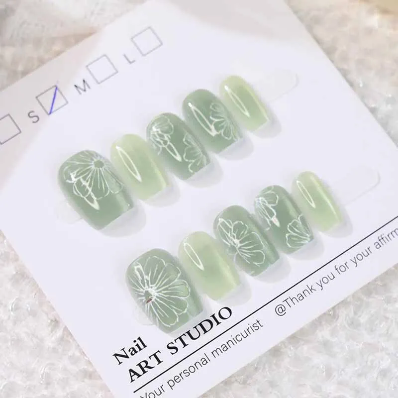 10 Pcs Ladies Handmade Cat Eye Press on Nails Gradient Ringflower Nail Patch Removable Girl Short Style Square Head Nail Tips