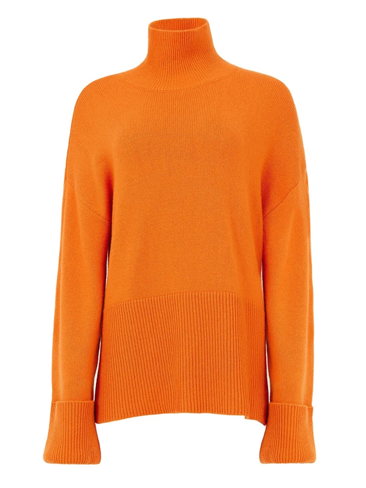 Orange Casual Loose Women\'s Turtleneck Sweaters Autumn Winter 2022 New Solid Long Flare Sleeve Pullover Elegant Sweater Female