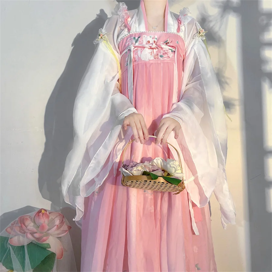 

Chinese Style Hanfu Dress Set Women Traditional Elegant Flower Embroidery Princess Dress Tang Dynasty Sweet Dance Stage Costume