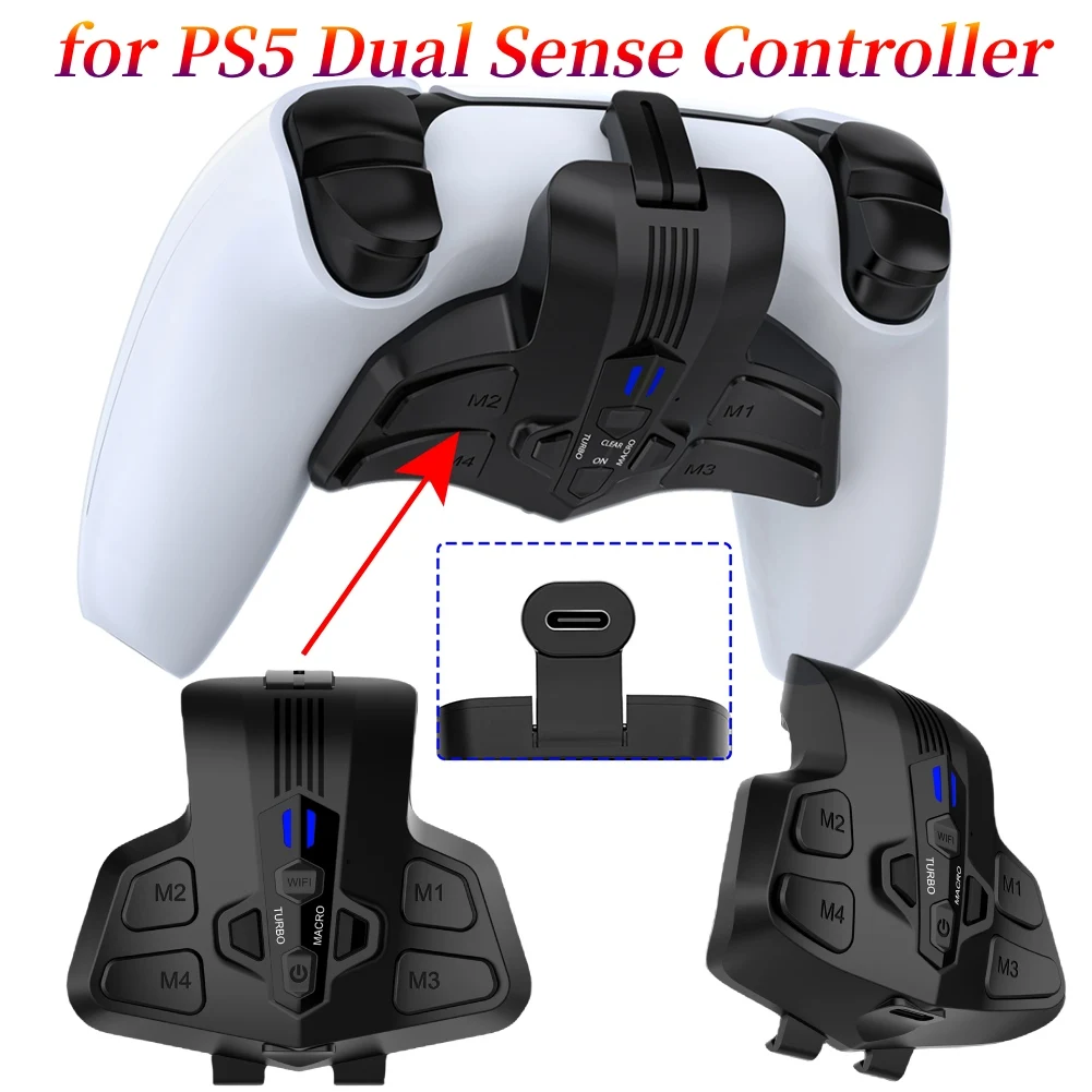 Backplate Programable Remap Kit for PS5 DualSense Gamepad PC Back Buttons with Turbos Macro Function RGB Back Paddles Attachment 