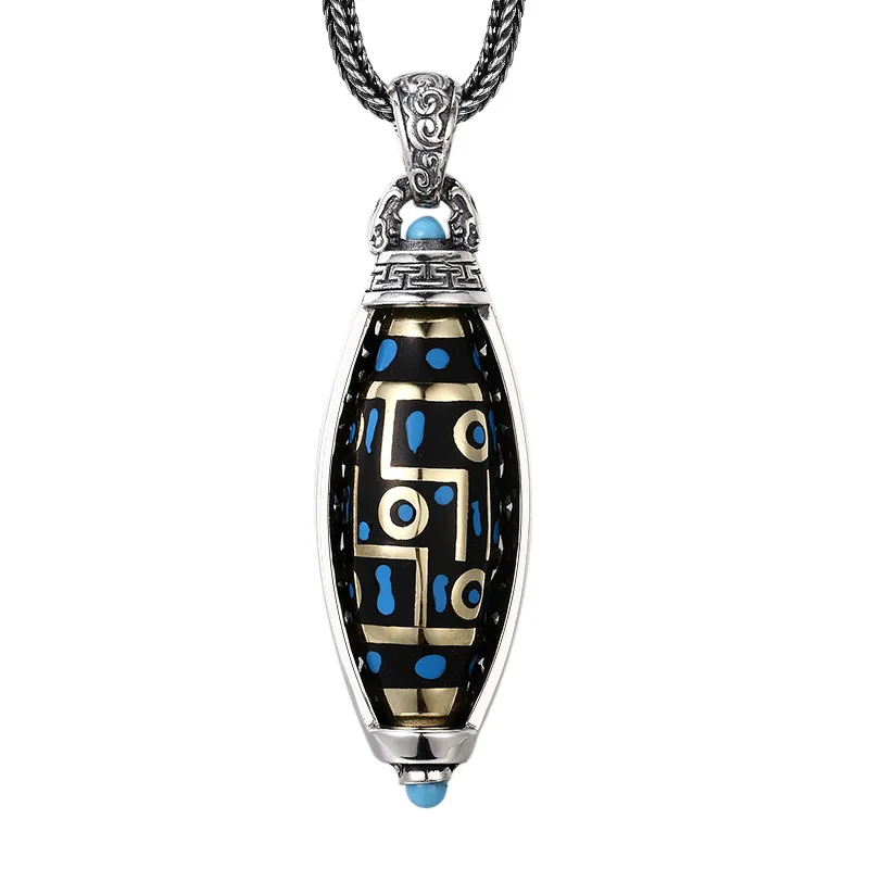 925 Sterling Silver Rotating Tibetan Dzi Bead Pendant - Antique Oxidized Finish Agate Necklace