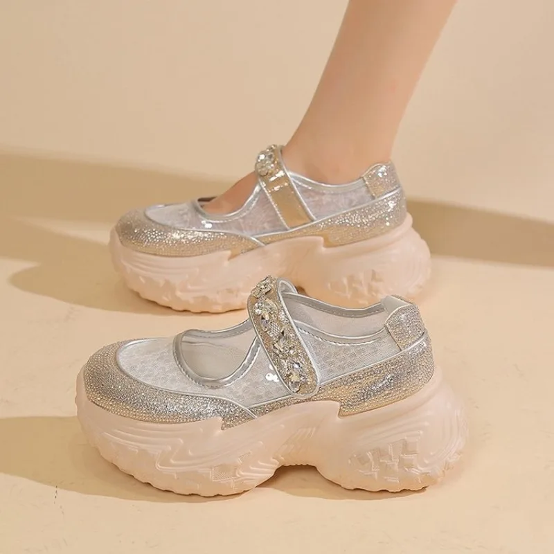 

2025 Trendy Mary Jane Sandals Breathable Mesh Women's Shoes with Sparkly Rhinestones & Platform Sole Versatile Comfortable