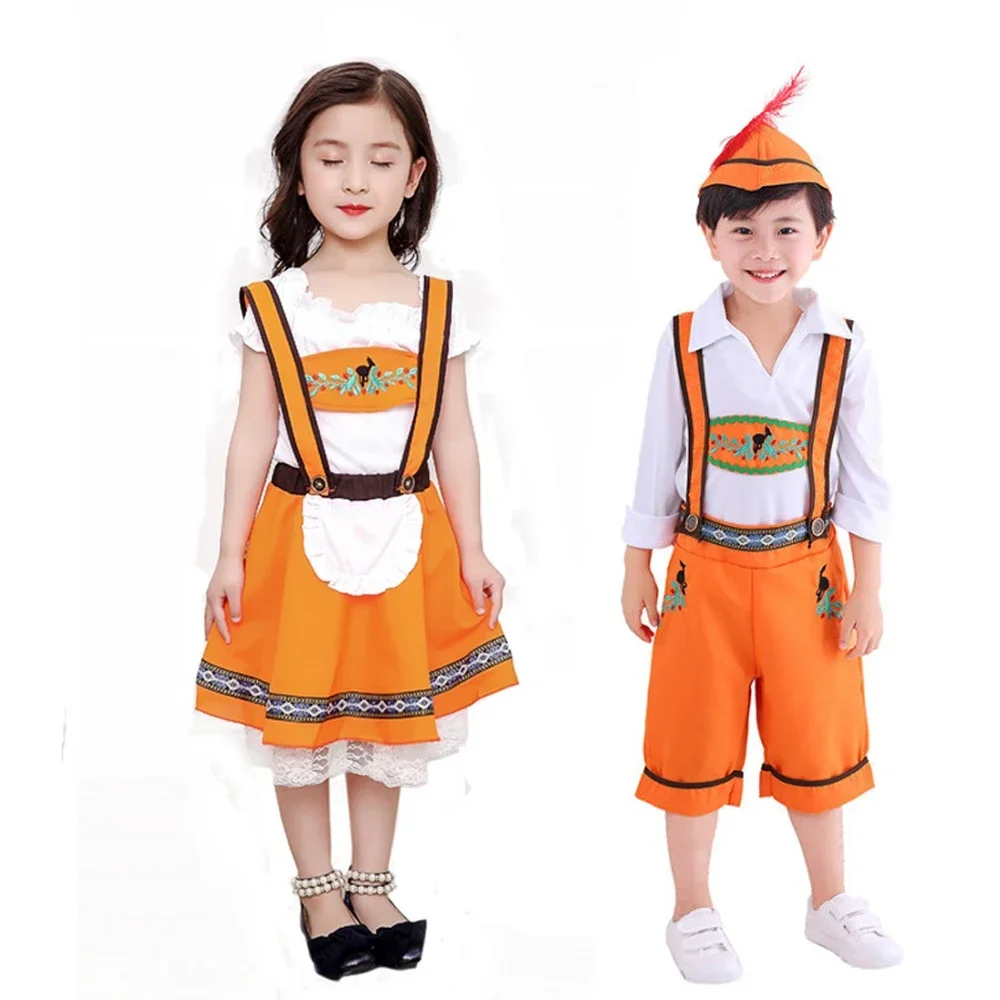 Children's Day Boy Girl Leather Shorts Oktoberfest Cosplay Costume Stage Performance Uniforms Kids Beer Waiter Maid Dress