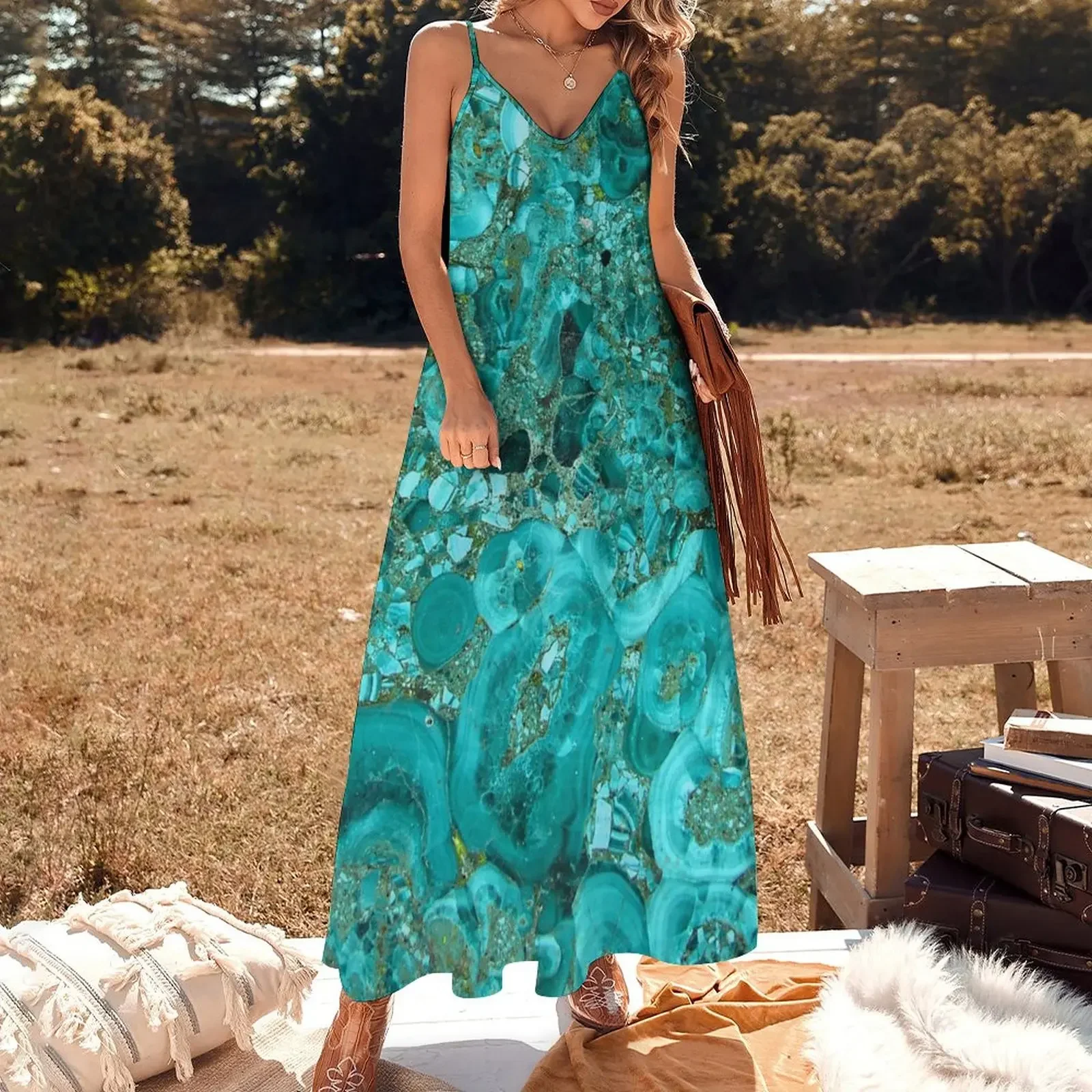 Marble Turquoise Blue Gold Sleeveless Dress summer dresses womens 2024 elegant dresses plus sizes Dress