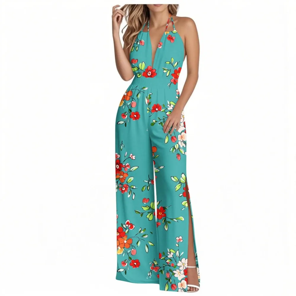 

2026 Casual Jumpsuits For Woman Jumpsuit Temperament Beachwear Sexy Women's Clothing Neck Halter Sleeveless Slit Printed Holiday