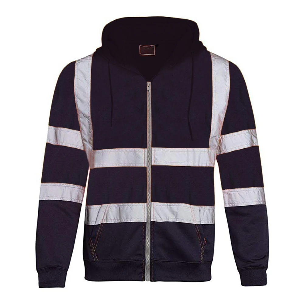 Men Black Hoodie Sweatshirt High Visibility Safety Work Jacket Loose Zipper Long Sleeve Hooded Pullover Winter Coat