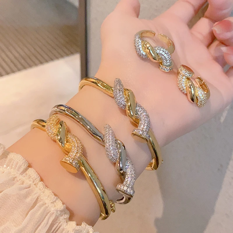 

Luxury Twist Nail Bangle and Open Ring Set with Cubic Zirconia INS Style Statement jewelry Gold Plated for Women