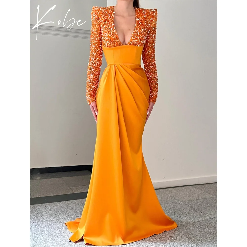 

Kobe Orange V-Neck Prom Dresses Long Sleeve Customized فساتين سهرات Floor-Length Cascading Ruffle vestido de gala noche mujer