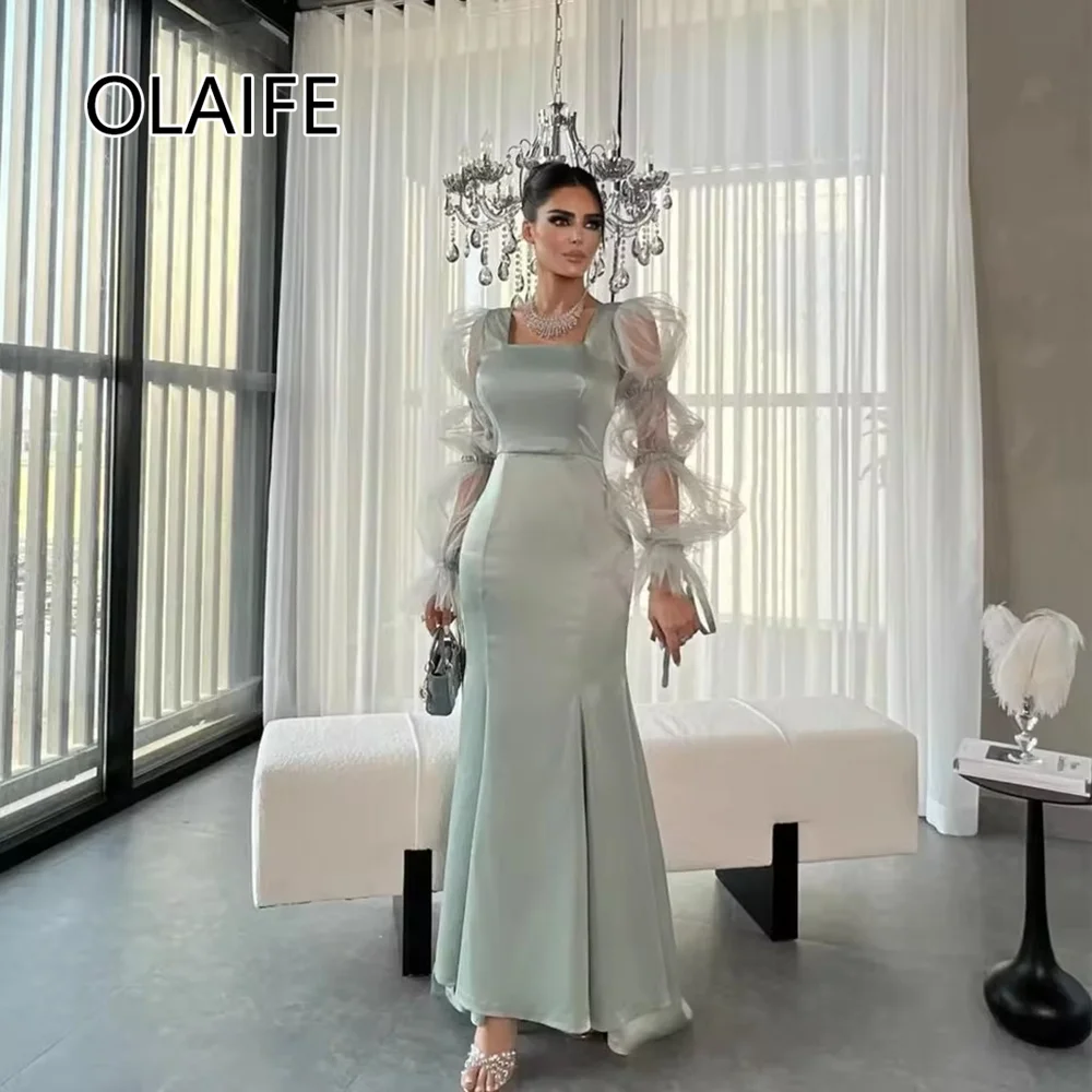 

Square Collar Satin Solid Sheath Sexy Evening Bridesmaid Dress Backless Lace up Long Evening Arab Gown with Sleeve Customized