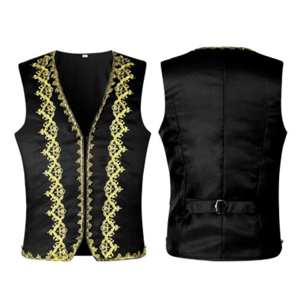 Stylish Gold Embroidery Baroque Vest Men Slim Fit Palace Prince Black Vest Waistcoat Men Stage Prom Drama Opera Costume Gilet