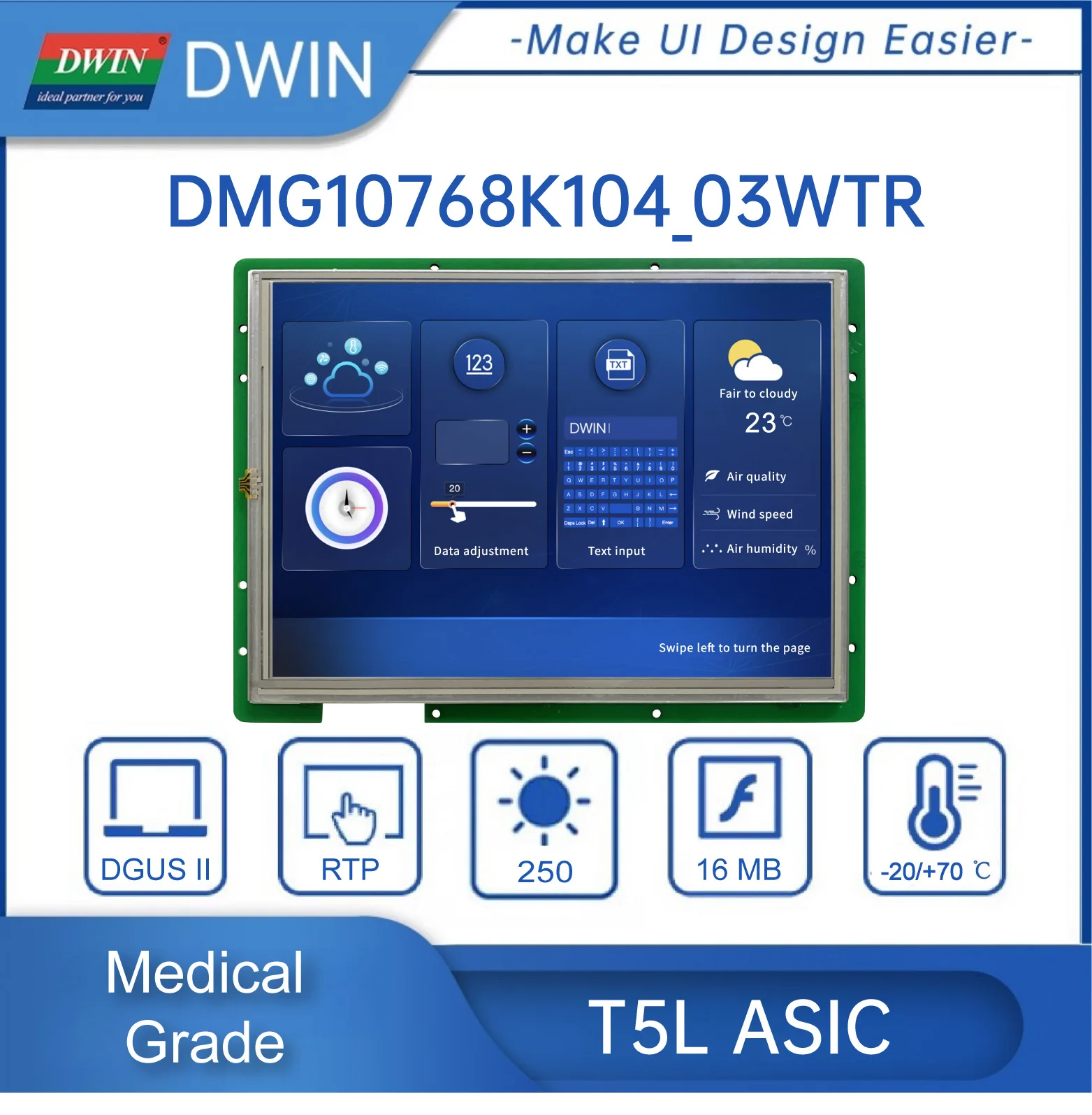 Dwin 10.4-inch, 1024*768 Smart Tft LCD UART Medical grade HMI Display Support RS232 and RS485 Communication DMG10768K104_03W