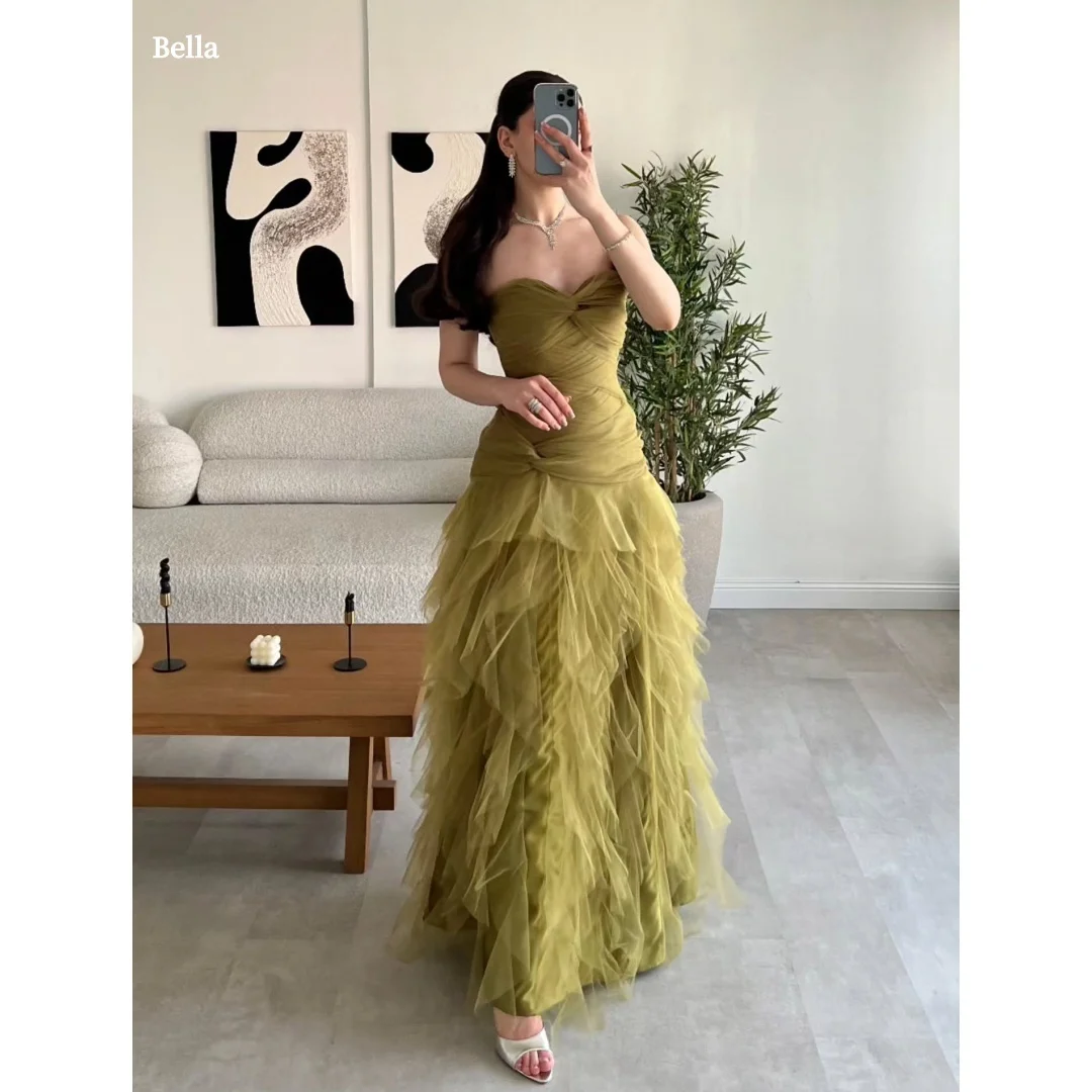 

Bella индивидуальное оливково-зеленое платье для выпускного вечера без бретелек с вырезом в форме сердца, тюлевые вечерние платья русалки с рюшами, элегантное платье длиной до пола, 2025 г.