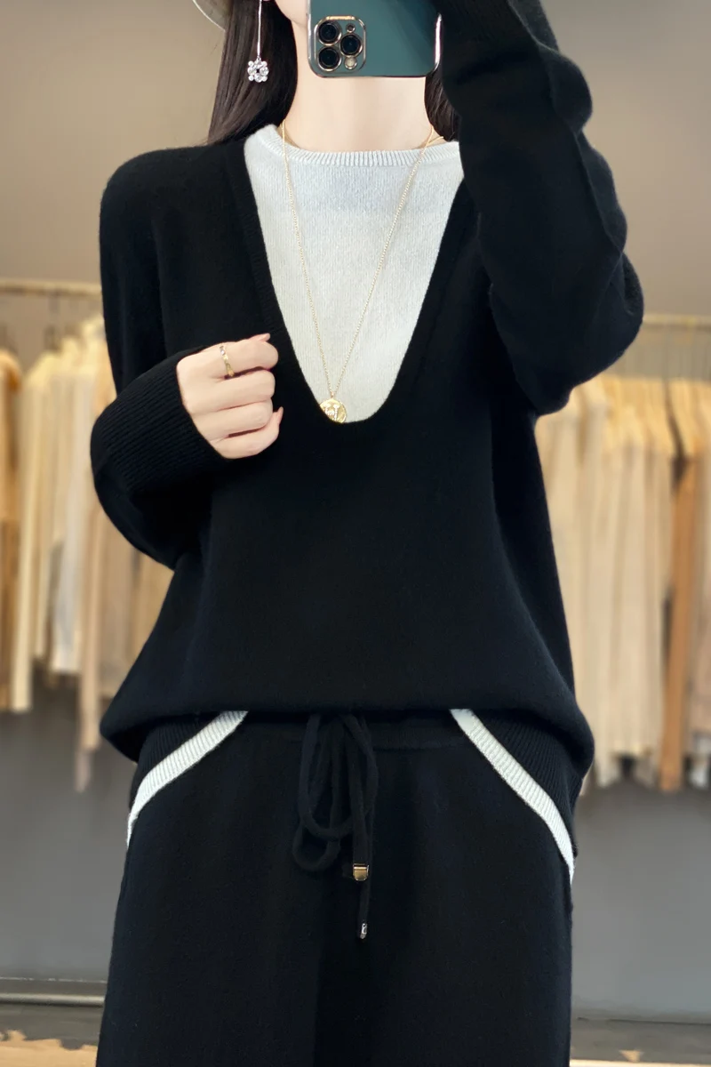 Women 100% Merino Wool Two-piece Suit U-Collar Splicing Pullover Straight Pants Autumn Winter Loose Comfortable Knitwear Sweater