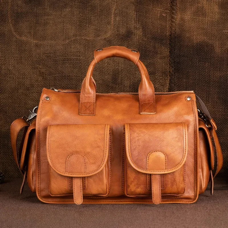 Men Genuine Leather Shoulder Bag Retro Vegetable Tanned Large Capacity Travel Handbag Soft High End Crossbody Messenger Bag