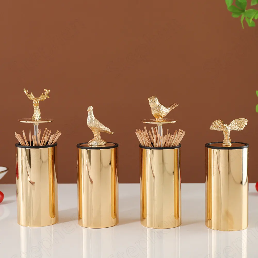 Gold-plated Stainless Steel Toothpick Dispenser European Classic Animal Decorative Press Cotton Swab Holder Home Decoration