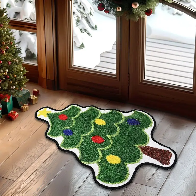 VIKAMA Christmas Tree Doormat Holiday Bath Rug Green Colorful Ornaments Star Shape Non Slip Absorbent Entryway Bathroom Mat