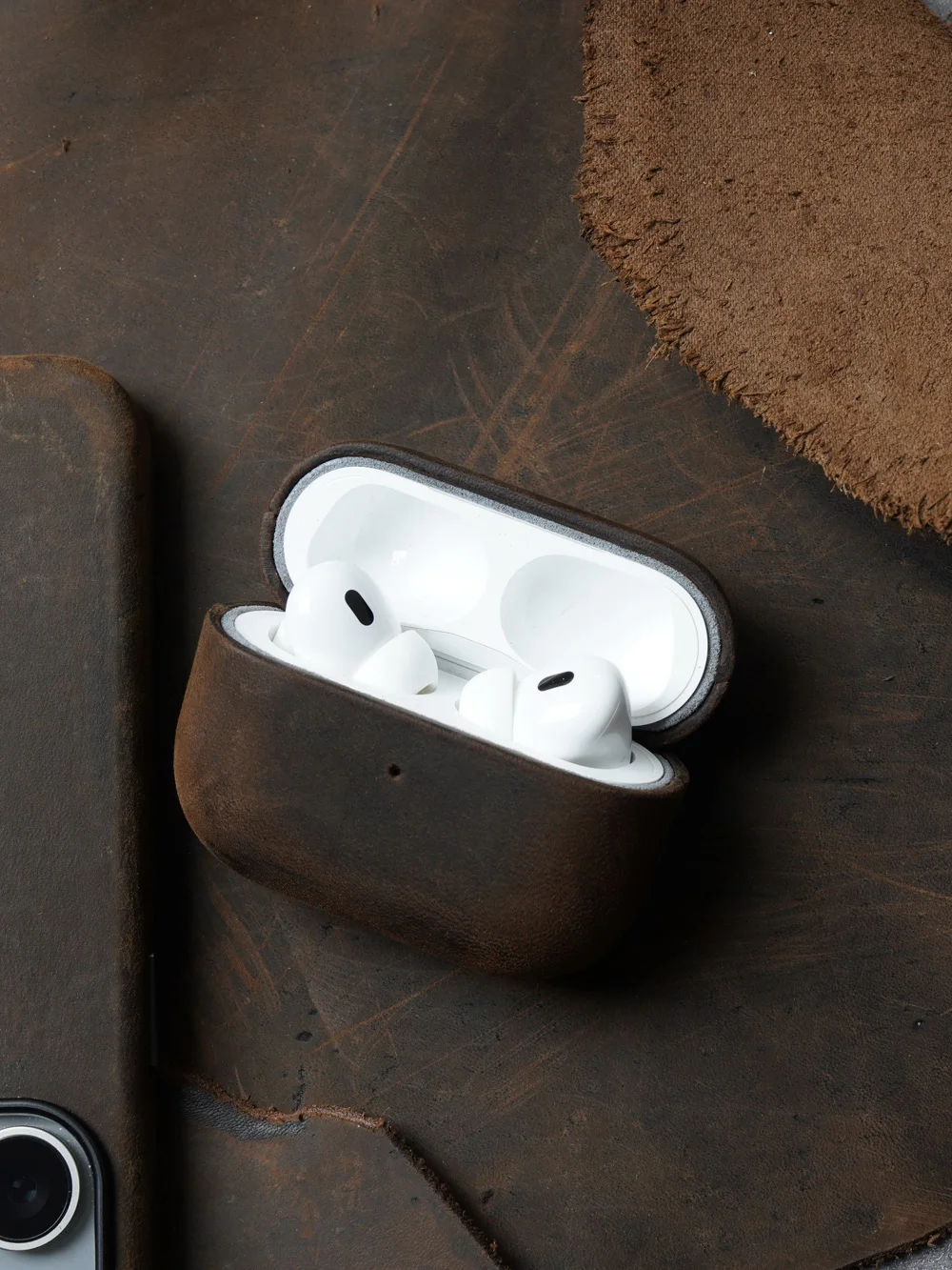 Italienische Crazy Horse-Echtledertasche für AirPods Pro 3 und 2 Luxushüllen, kabellose Bluetooth-Headset-Abdeckung – Detail 9
