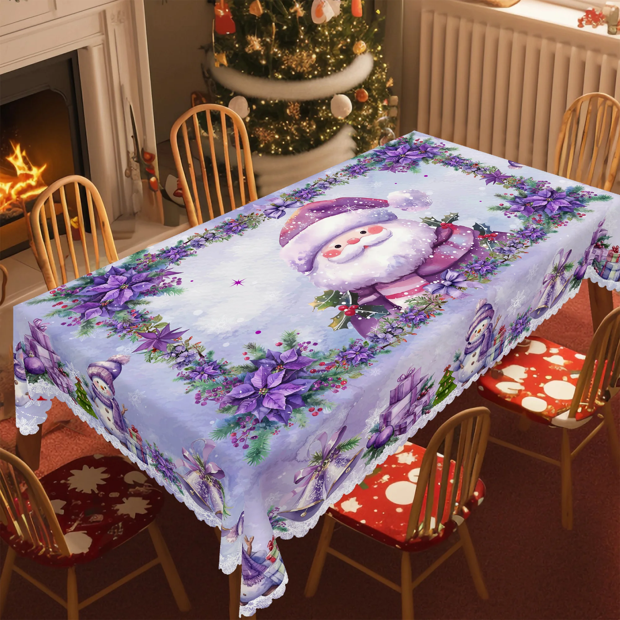 1 Piece Christmas Round and Rectangular Tablecloth, Various Sizes, Purple Tablecloth with Santa Claus, Garland and Bell Print Pattern, Christmas Garden Tablecloth Decoration for Daily Home Kitchen, Terrace Use, Gifts