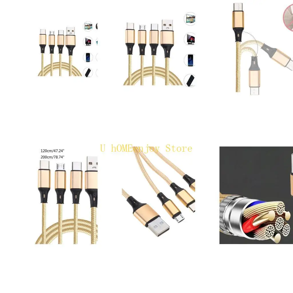 B0KF Multi Charging Cable Multi USB Cable USB Charging Cable Nylon Braided Type C Micro USB 3 in1 Multi Cable Adapter